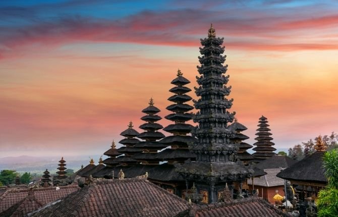 Besakih Mother Temple complex at golden hour on the slopes of Mount Agung
